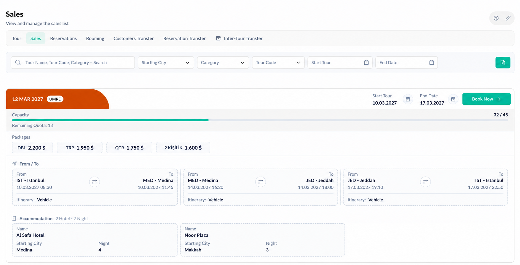Sales screen showing tour capacity, remaining quota, packages and prices